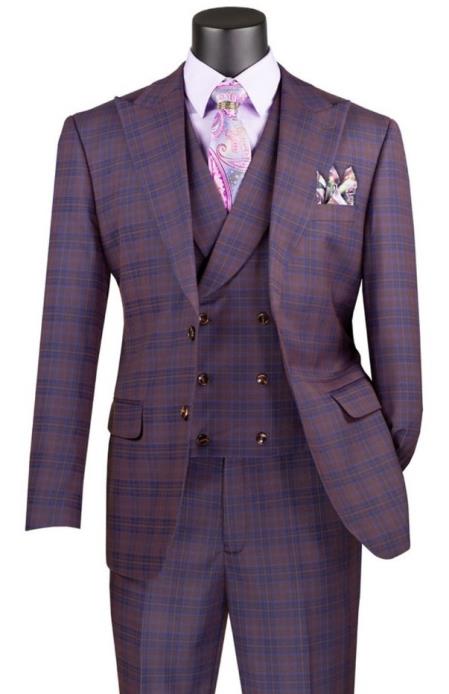 Purple Plaid Suit Vested Suit 3 Piece Suits Peak Lapel 