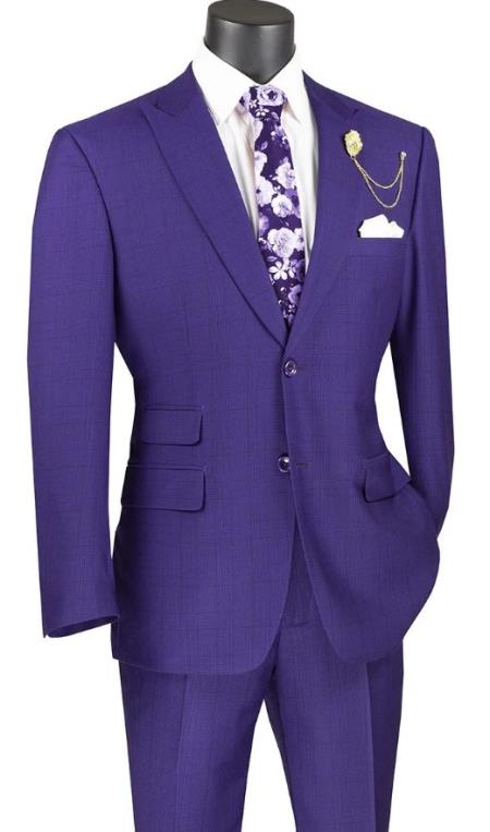 #JA63077 Plaid Suits - Windowpane Purple Suit - Peak Lapel S