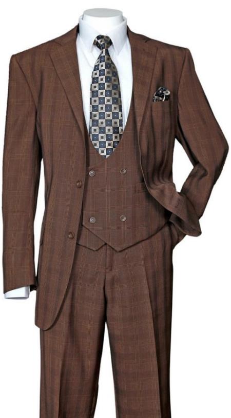 Men's Brown Plaid 3 Piece 1920s Fashion Suit Scoop Vest