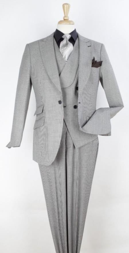 Houndstooth Suit with Wide Leg Pants - Classic Fit - Vested Suit - 100% Wool Fabric Suit - 100% Percent Wool Fabric Suit - Worsted Wool Business Suit