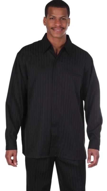 Mens Two Piece Set Long Sleeve Casual Tone On Tone Stripe Black