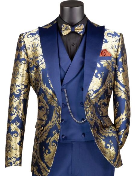 Vinci Mens Navy and Gold Modern Fit 3pc Tuxedo Suit