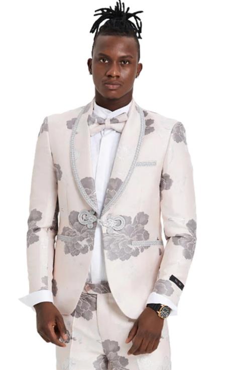 Mens One Button Shawl Lapel Floral Pattern Tuxedo in Pink