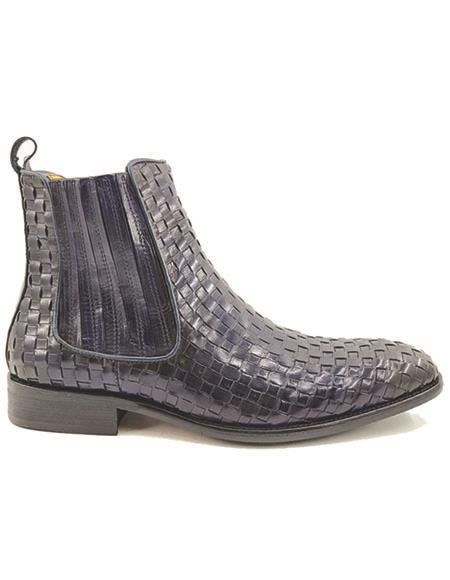 Basket Weave Leather Chelsea Boot Navy