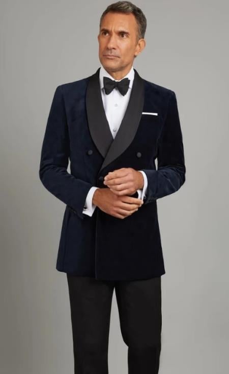 Mens Blue Velvet Tuxedo Double Breasted Suit