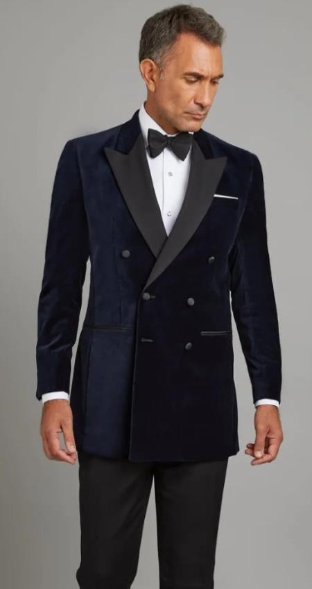 Mens Double-Breasted Blue Velvet Tuxedo with Peak Lapel