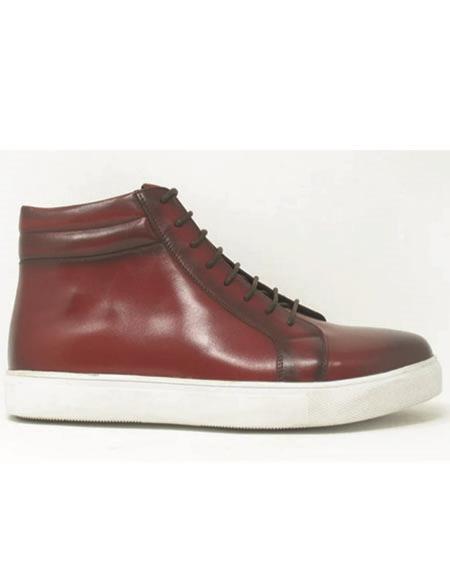 High Top Side Zipper Leather Sneaker Burgundy