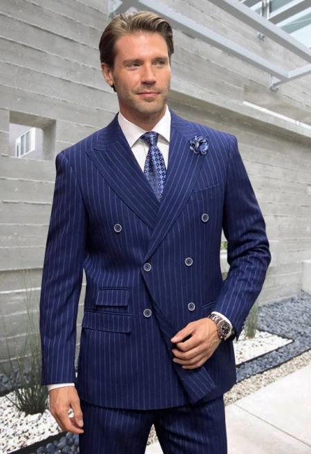 Mens Pinstripe Peak Lapel Double Breasted Wool Suit Navy