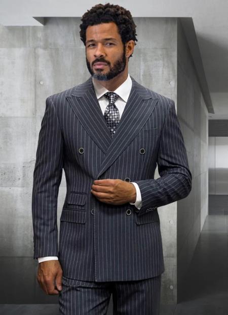 Mens Pinstripe Peak Lapel Double Breasted Wool Suit Charcoal