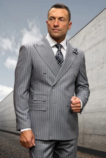 Mens Pinstripe Peak Lapel Double Breasted Wool Suit Grey