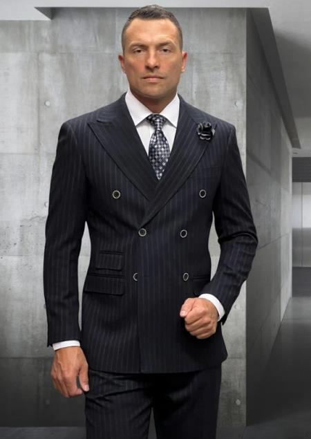 Mens Pinstripe Peak Lapel Double Breasted Wool Suit Black