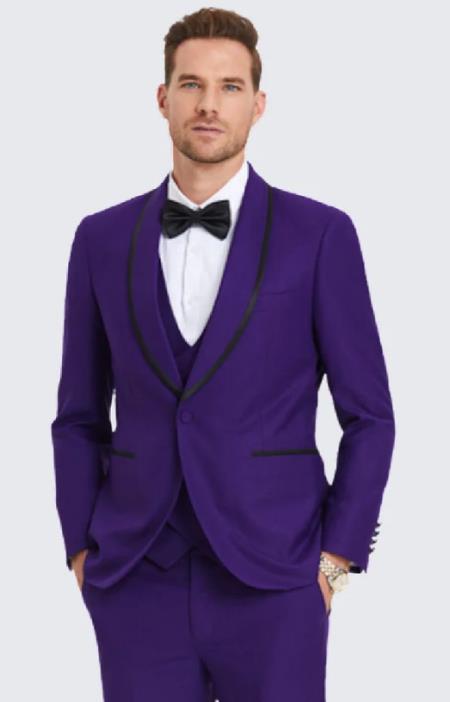 Purple Textured Tuxedo With Satin Trim Four Piece Set