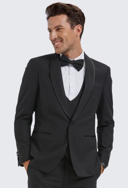 Black Textured Tuxedo With Satin Trim Four Piece Set - Wedding - Prom