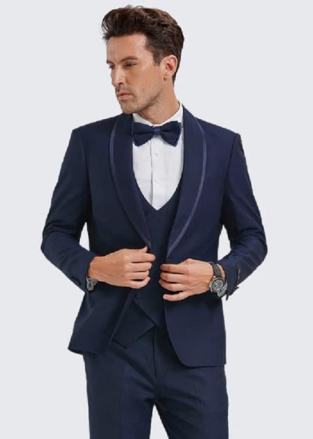 Blue Textured Tuxedo With Satin Trim Four Piece Set - Wedding - Prom