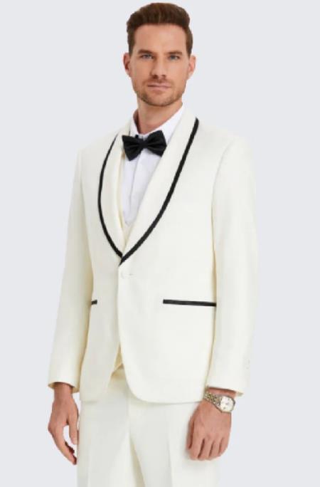 Off White Textured Tuxedo With Satin Trim Four Piece Set - Wedding - Prom