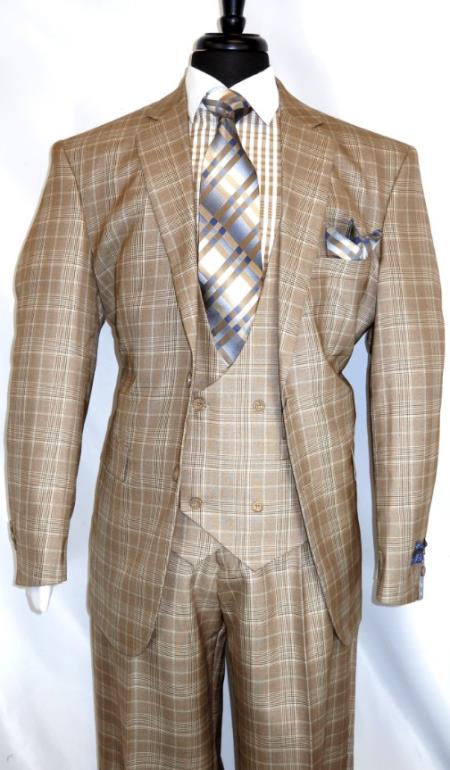 Plaid Suit For Summer - Khaki Color Suit - Camel Suit With Double Breasted Vest in Dark Tan Color