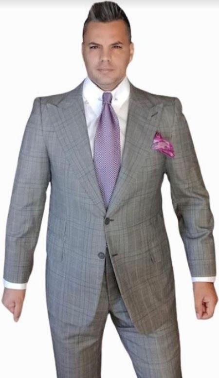 Gray Plaid Suit - Athletic Cut - Classic Fit Suits With Pleated Pants - Wool Fabric Suit Peak Lapel - Church Suit - Vested