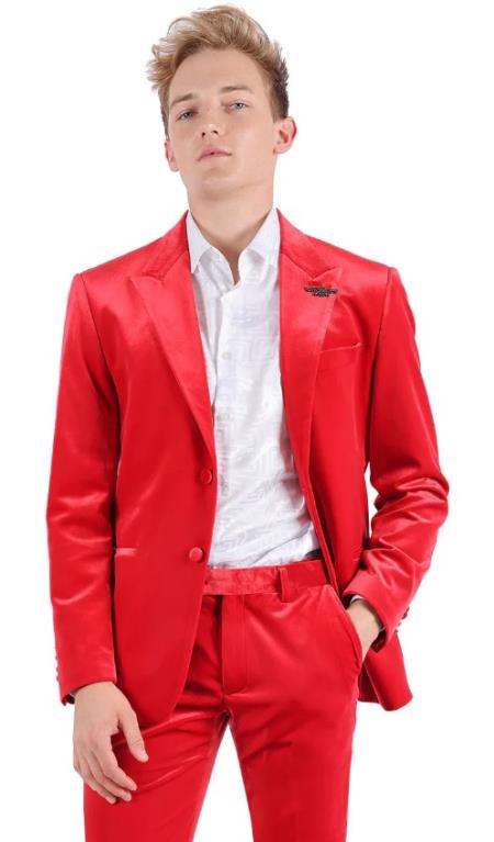 Rossi Man Slim-Fit Shinny Red Satin Fabric Men's Suit