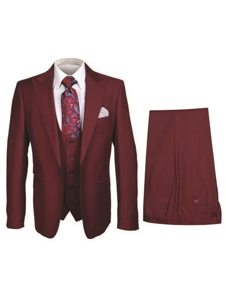 Rossi Man Mens Solid Burgundy Slim-fit Suit Vested Suit