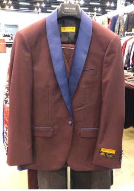 Burgundy and Navy Blue Lapel Tuxedo - Shawl Collar Wedding Suit