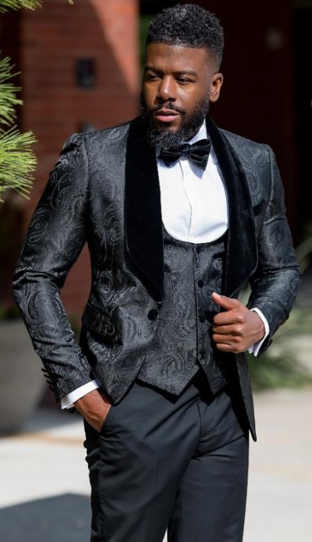 Paisley Suit - Velvet Suit - Black Tuxedos Big Shawl Collar Lapel Tuxedo