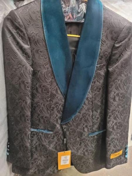 Black and Blue Tuxedo - Teal Green Tuxedo Lapel Black Paisley Fabric  With Vest