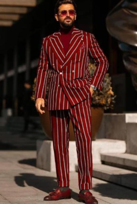 Burgundy Pinstripe Suit - Mens 1920s Gangster Pinstripe Suit - Chalk Pinstripe