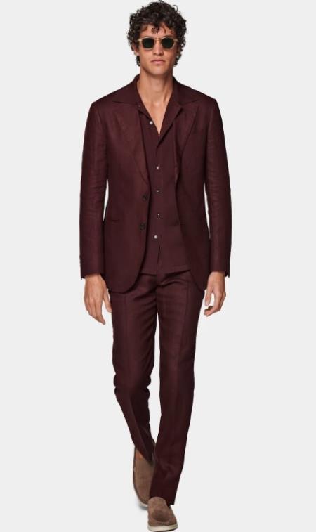 Burgundy Linen Suit - Mens Summer Suit