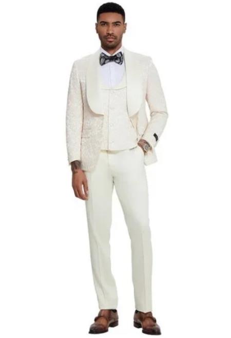 Ivory Paisley 3pc Mens Suit Tuxedo