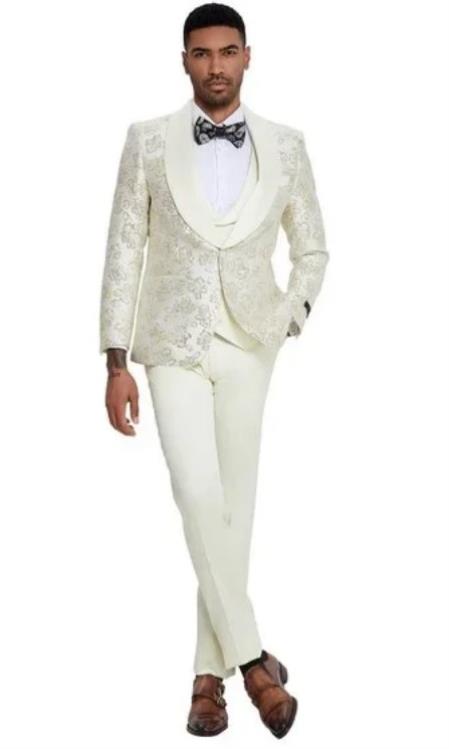 Ivory Shiny Floral Mens 3pc Suit