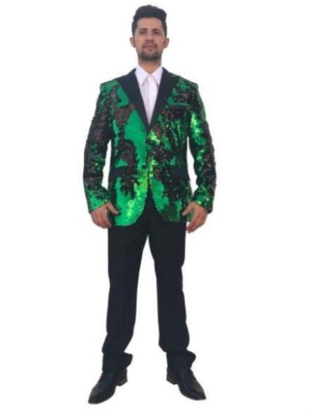 Mens Mardi Gras Out Fit - Green ~ Black Mardi Gras Costumes For Men Clothing Shiny Sequin Fabric