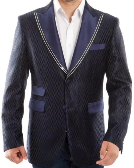 Navy Blue and Gold Trim Tuxedo Dinner Jacket - Navy Blue Blazer