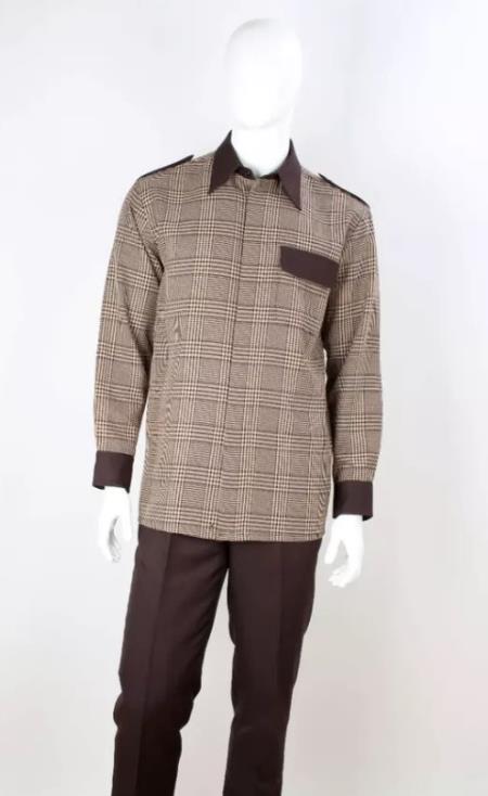 Mens 2 Piece Walking Suit - Flat Front Pants Brown