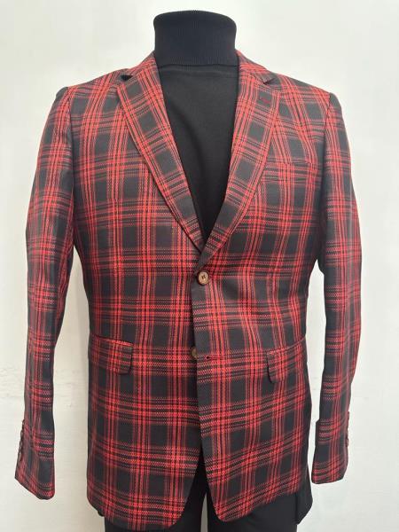 Red Tartan Blazer - Red Plaid Sport Coat - Mens Red Blazer Notch Lapel