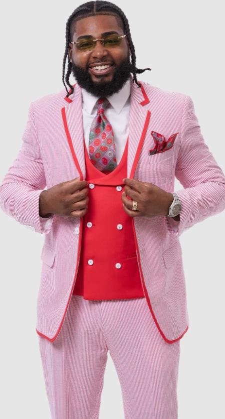 Seersucker Suit - Red Suit - Summer Pinstripe Suit - Single Breasted Modern Fit