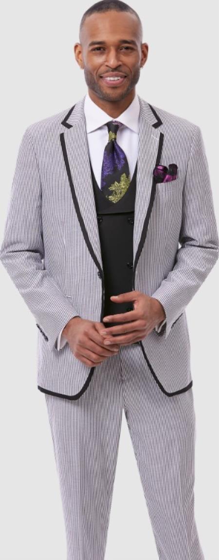 Pinstripe Tuxedo - White and Blue Pinstirpe Suit - Wedding Groom Suit Trim Collar Two Toned