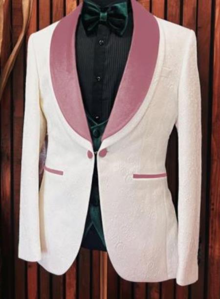 White and Pink Tuxedo - Rose Pink - Mauve Collar - Wedding Suit