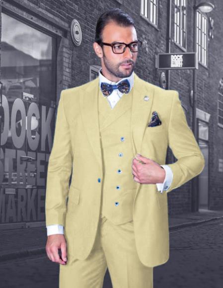 Big and Tall Suit - Suit For Big Man - Ivory Color Suit - Vested Suit - Khaki Color Suit