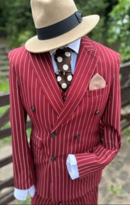 Mens Double Breasted Red and White Pinstripe Six Button Suit