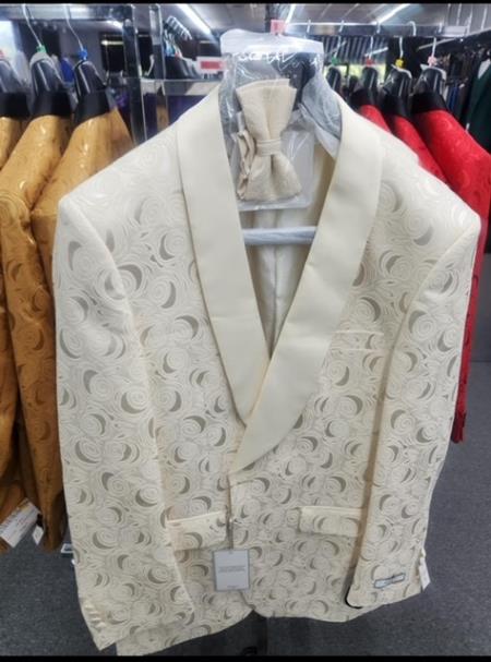 Paisley Tuxedo Dinner Jacket - Ivory - Cream - Off White Mens Blazer + Bowtie - Prom Jackets