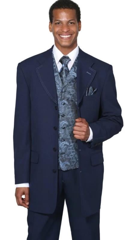 Mens 4 Button Single Breasted Long Vested Fashion Suit in Navy with Paisley Vest