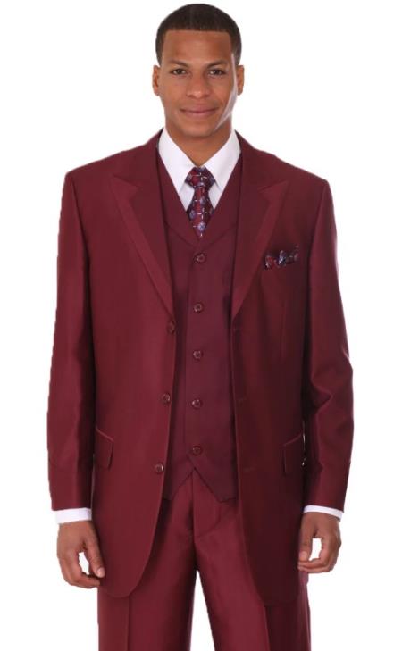 Mens 3 Button Single Breasted Vested Wide Peak Lapel Two Tone Sharkskin Suit in Burgundy