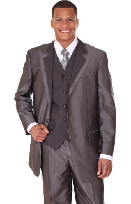 Mens 3 Button Vested Wide Peak Lapel Two Tone Sharkskin Suit in Black