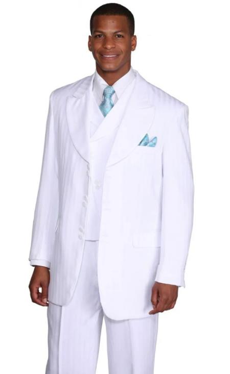 Mens Fashion Slanted Vested Peak Lapel Pleated Pant Tonal Pinstripe Suit in White