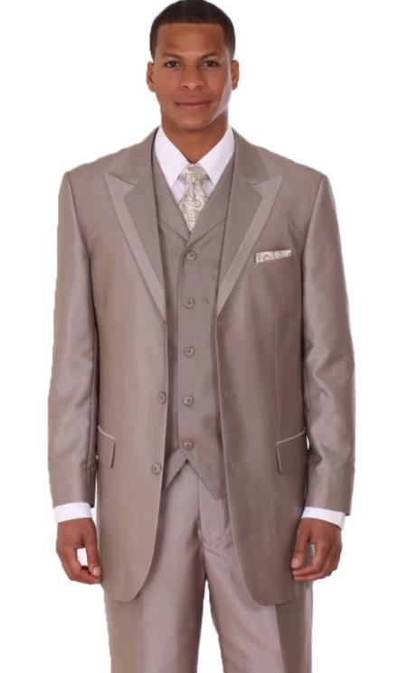 Mens 3 Button Single Breasted Vested Wide Peak Lapel Two Tone Sharkskin Suit in Tan