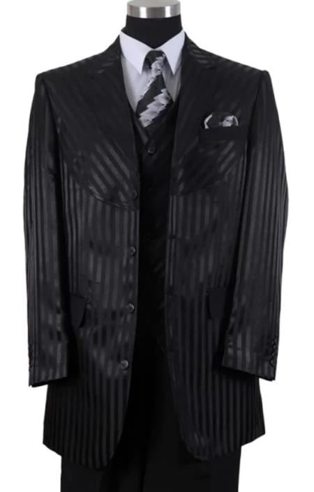 Mens 4 Button Semi Wide Leg Shiny Tonal Stripe Notch Label Fashion Suit in Black