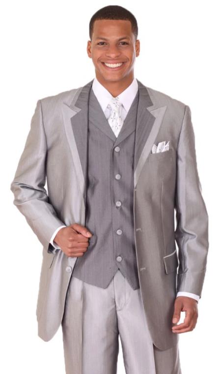 Mens 3 Button Vested Single Breasted Wide Peak Lapel Two Tone Sharkskin Suit in Silver Grey