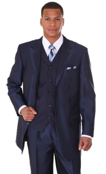 Mens 3 Button Vested Wide Peak Lapel Matching Pant Two Tone Sharkskin Suit in Navy Blue