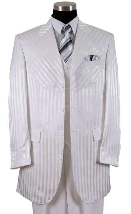 Mens 4 Button Notch Label Semi Wide Leg Shiny Tonal Stripe Fashion Suit in White