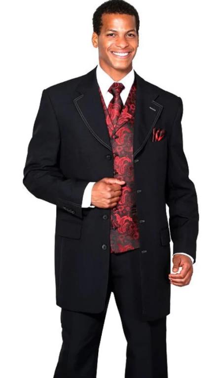 Mens 4 Button Long Vested Fashion Suit in Black with Red Paisley Vest